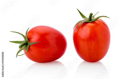 Two Principe Borghese red cherry tomato, datterino type isolated on white, copy space photo