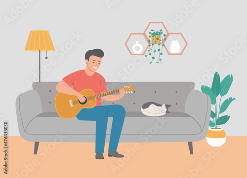 Young man playing guitar in sofa at living room. Vector flat style illustration