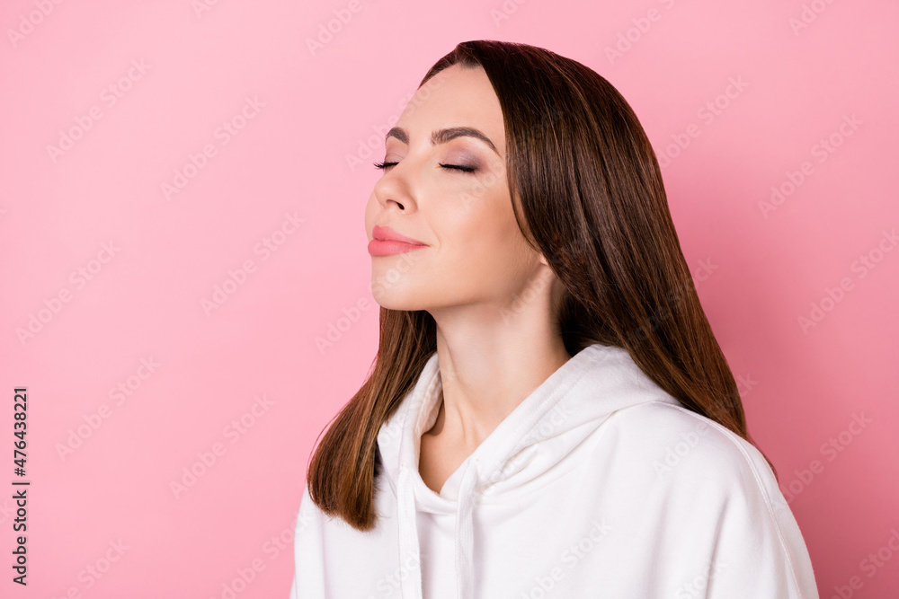 Profile side view portrait of attractive cheery peaceful dreamy girl harmony isolated over pink pastel color background - obrazy, fototapety, plakaty 