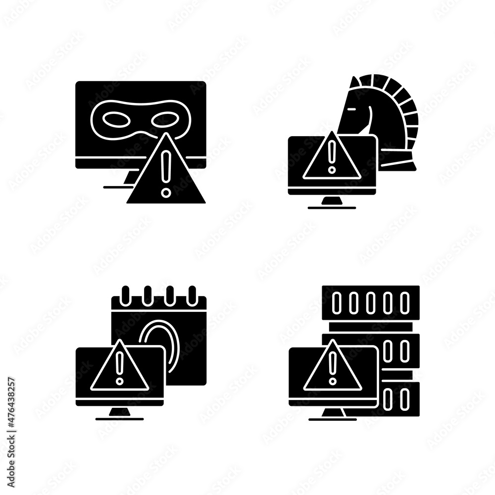 Computer system attacks black glyph icons set on white space. Trojan horse and rootkit malicious programs. Computer network disruption. Silhouette symbols. Vector isolated illustration Computer system attacks black glyph icons set on white space. Trojan horse and rootkit malicious programs. Computer network disruption. Silhouette symbols. Vector isolated illustration