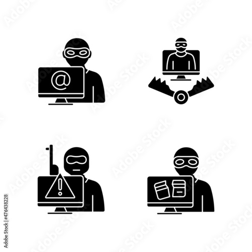 Cyber attacker black glyph icons set on white space. Cyberterrorism. Cybercriminal trap. Computer disruption. Fraud and coercion on internet. Silhouette symbols. Vector isolated illustration photo