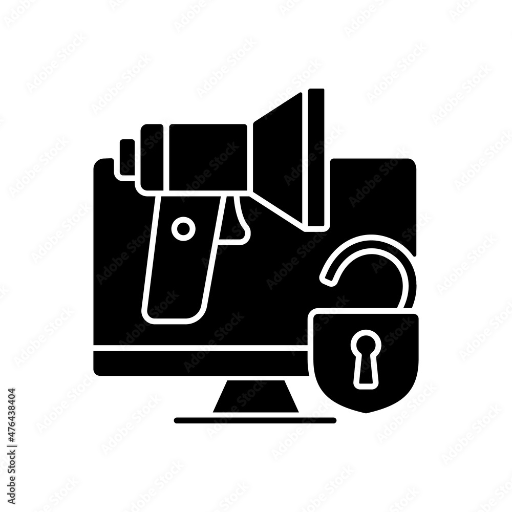 Doxing black glyph icon. Revealing personal private information. Public online shaming. Social engineering. Data stealing. Silhouette symbol on white space. Vector isolated illustration