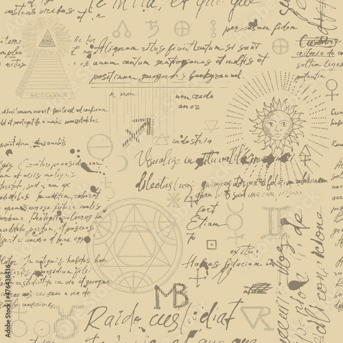 Seamless esoteric pattern. Alchemy, magic, witchcraft and mysticism are esoteric symbols. Background from a manuscript with occult sketches and careless handwritten text in retro style