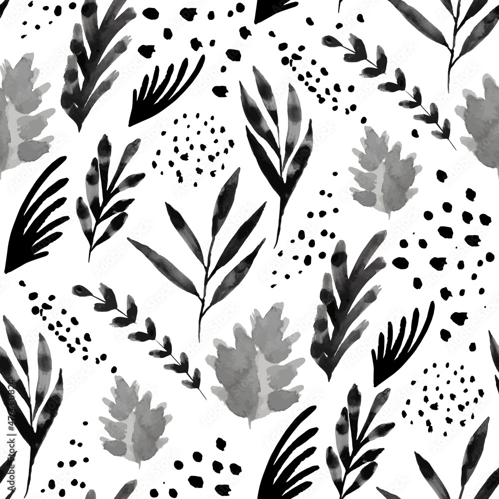 Fototapeta premium Seamless pattern with black watercolor foliage on white