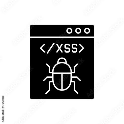 XSS attack black glyph icon. Cross site scripting. Software attack. Client side code injection. Malware computer damage. Silhouette symbol on white space. Vector isolated illustration photo