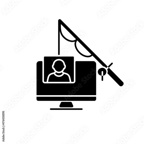 Phishing black glyph icon. Social engineering. Stealing personal data and information. Send fraudulent message. Fraud and scam. Silhouette symbol on white space. Vector isolated illustration