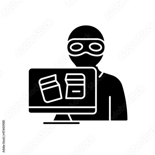 Criminally motivated attack black glyph icon. Computer disruption to gain money and information. Cybercrime. Data stealing. Silhouette symbol on white space. Vector isolated illustration photo