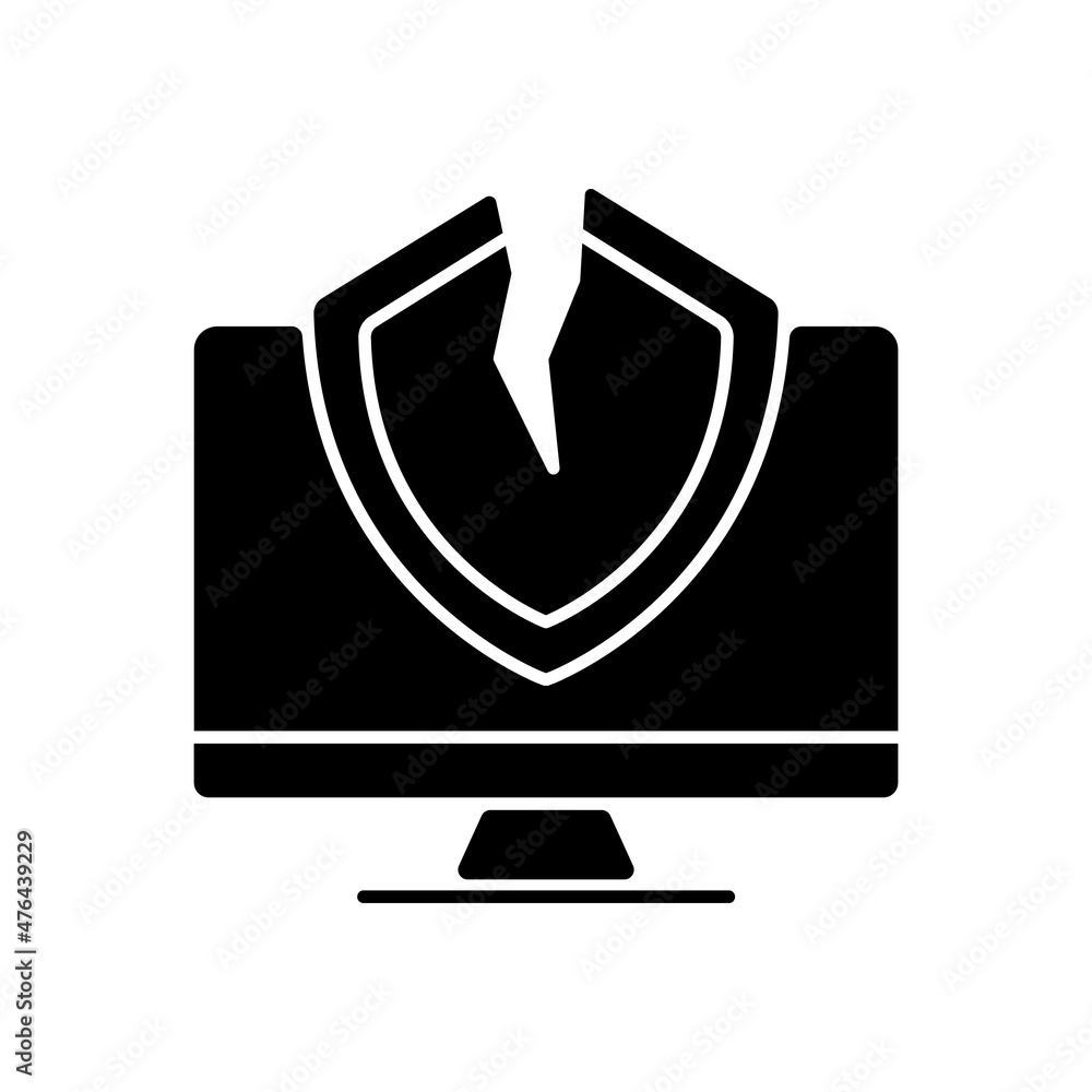 Cybersecurity vulnerability black glyph icon. System weakness and flaw. Cybercriminal gains access. Errors exploitation. Silhouette symbol on white space. Vector isolated illustration Cybersecurity vulnerability black glyph icon. System weakness and flaw. Cybercriminal gains access. Errors exploitation. Silhouette symbol on white space. Vector isolated illustration