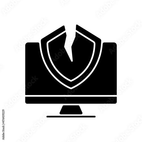 Cybersecurity vulnerability black glyph icon. System weakness and flaw. Cybercriminal gains access. Errors exploitation. Silhouette symbol on white space. Vector isolated illustration