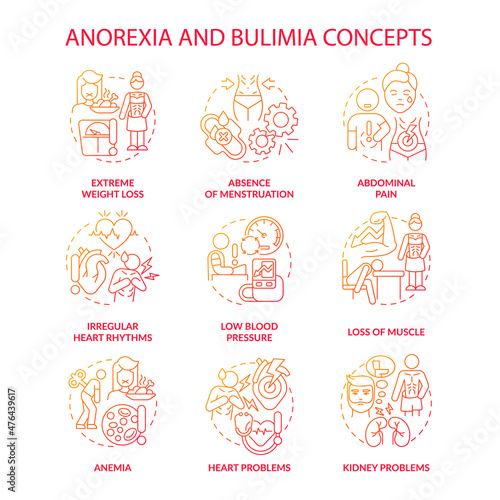 Anorexia and bulimia red gradient concept icons set. Mental and physical health problems idea thin line color illustrations. Isolated outline drawings. Roboto-Medium, Myriad Pro-Bold fonts used