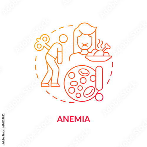 Anemia red gradient concept icon. Hemoglobin level decrease. Red blood corpuscles lack abstract idea thin line illustration. Isolated outline drawing. Roboto-Medium, Myriad Pro-Bold fonts used