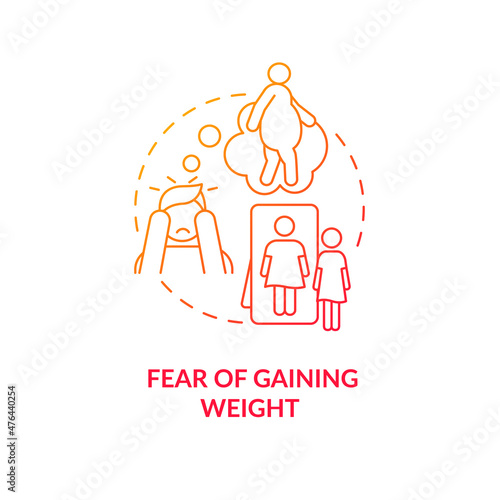 Weight gain fear red gradient concept icon. Obsession with being overweight. Obesophobia abstract idea thin line illustration. Isolated outline drawing. Roboto-Medium, Myriad Pro-Bold fonts used