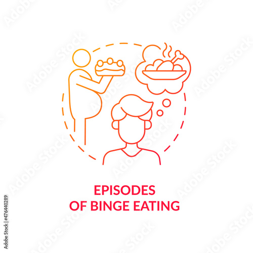 Episodes of binge eating red gradient concept icon. Bulimia sign. Eat food large portions abstract idea thin line illustration. Isolated outline drawing. Roboto-Medium, Myriad Pro-Bold fonts used