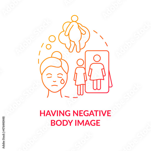 Having negative body image red gradient concept icon. Personal appearance dissatisfaction abstract idea thin line illustration. Isolated outline drawing. Roboto-Medium, Myriad Pro-Bold fonts used