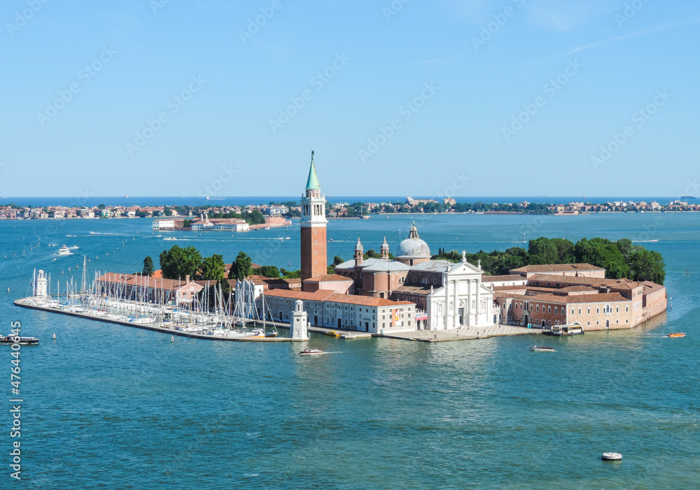 Broad day view of San Giorgio Island from a viewpoint at the top of the Campanile di San Marco (San Marco's Bell Tower) - Venice, Italy