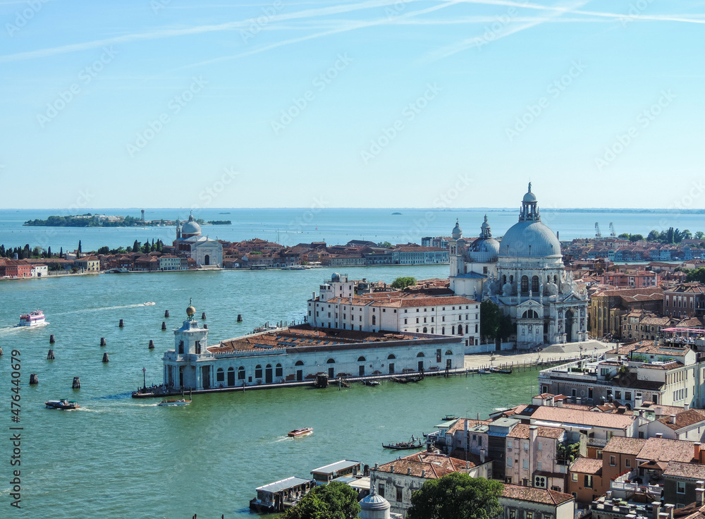 View of Punta della Dogana and of the Basílica de Santa Maria della Salute from a viewpoint at the top of San Marco's Bell Tower