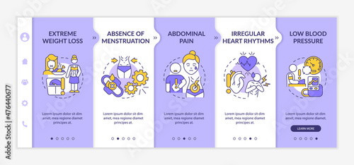 Anorexia symptoms purple and white onboarding template. Irregular heart rhythms. Responsive mobile website with linear concept icons. Web page walkthrough 5 step screens. Lato-Bold, Regular fonts used