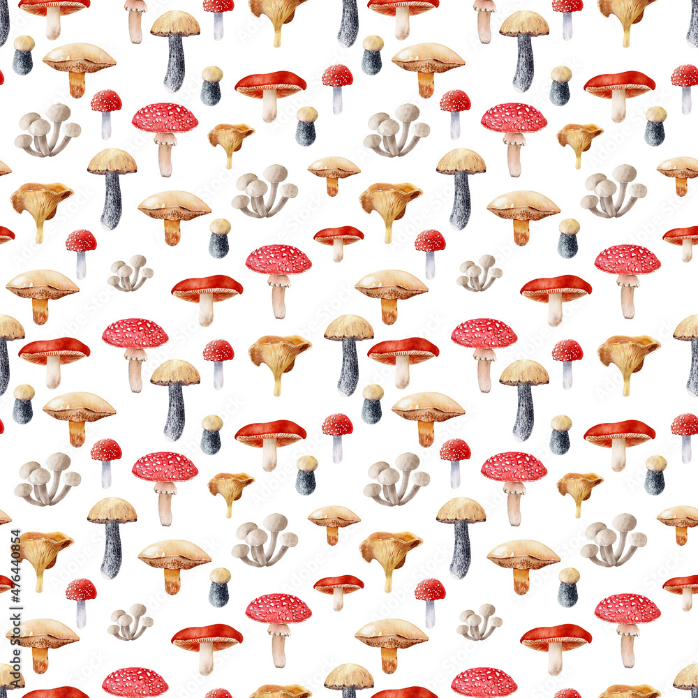 Watercolor seamless pattern with wild mushrooms Watercolor seamless pattern with wild mushrooms