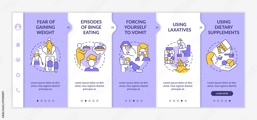 Bulimia symptoms purple and white onboarding template. Episodes of binge eating. Responsive mobile website with linear concept icons. Web page walkthrough 5 step screens. Lato-Bold, Regular fonts used