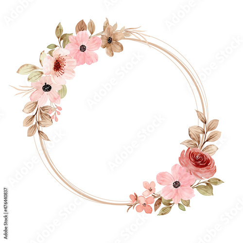 Watercolor pink floral wreath with circles