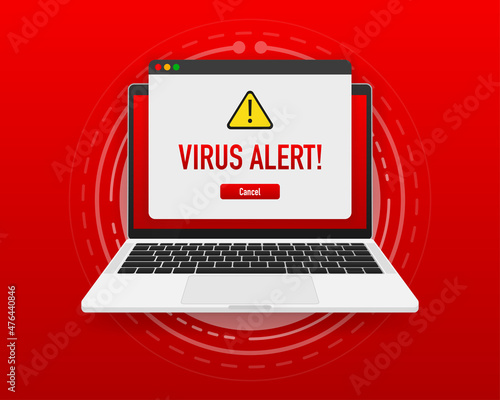 Virus alert red message on browser window. Virus sign label isolated on screen computer. Vector illustration.