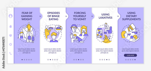 Bulimia symptoms purple and white onboarding template. Episodes of binge eating. Responsive mobile website with linear concept icons. Web page walkthrough 5 step screens. Lato-Bold, Regular fonts used