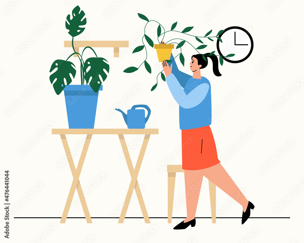 A girl holds a plant in a pot. A home plant, a hobby. A woman puts a plant on a shelf. Vector illustration