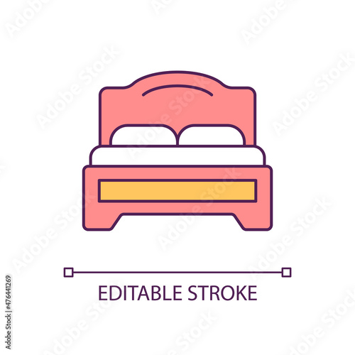 Comfortable double bed RGB color icon. Furniture for home and hotel room. Sleep quality. Time to rest. Isolated vector illustration. Simple filled line drawing. Editable stroke. Arial font used