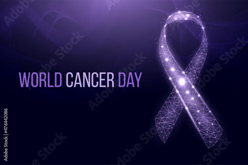 World cancer day concept. Banner with glowing low poly purple ribbon awareness. Futuristic modern abstract background. Vector illustration.