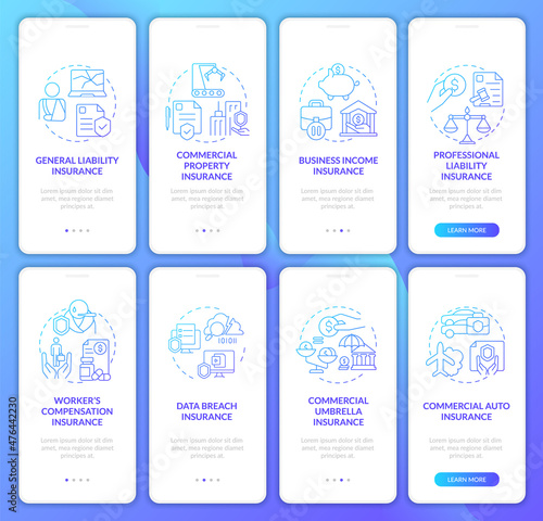 Corporate insurance blue gradient onboarding mobile app screen. Business walkthrough 4 steps graphic instructions pages with linear concepts. UI, UX, GUI template. Myriad Pro-Bold, Regular fonts used