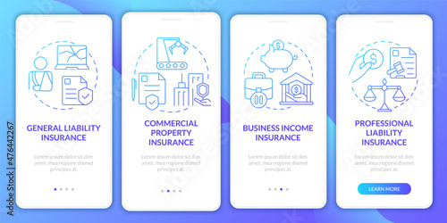 Insurance types blue gradient onboarding mobile app screen. Policy walkthrough 4 steps graphic instructions pages with linear concepts. UI, UX, GUI template. Myriad Pro-Bold, Regular fonts used