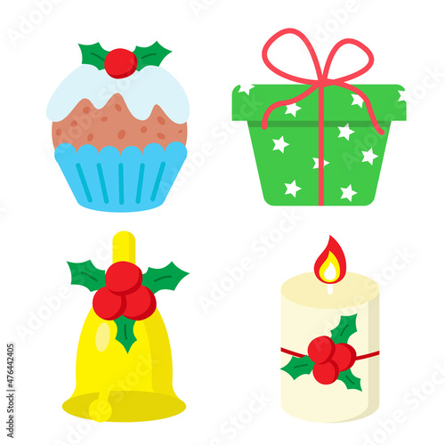 Set of winter holidays elements. Merry Christmas and happy New Year celebration. Gift box, jingle bell, candle with holly berry decor and traditional cupcake. Vector illustration in cartoon style