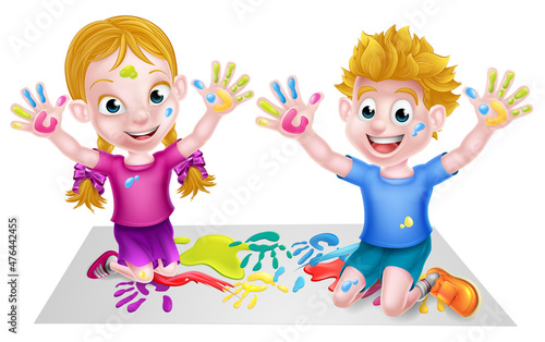 Cartoon Kids Playing with Paint