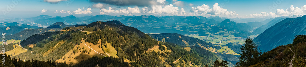 High resolution stitched panorama of a beautiful alpine summer view at the famous Purtschellerhaus near Berchtesgaden, Bavaria, Germany