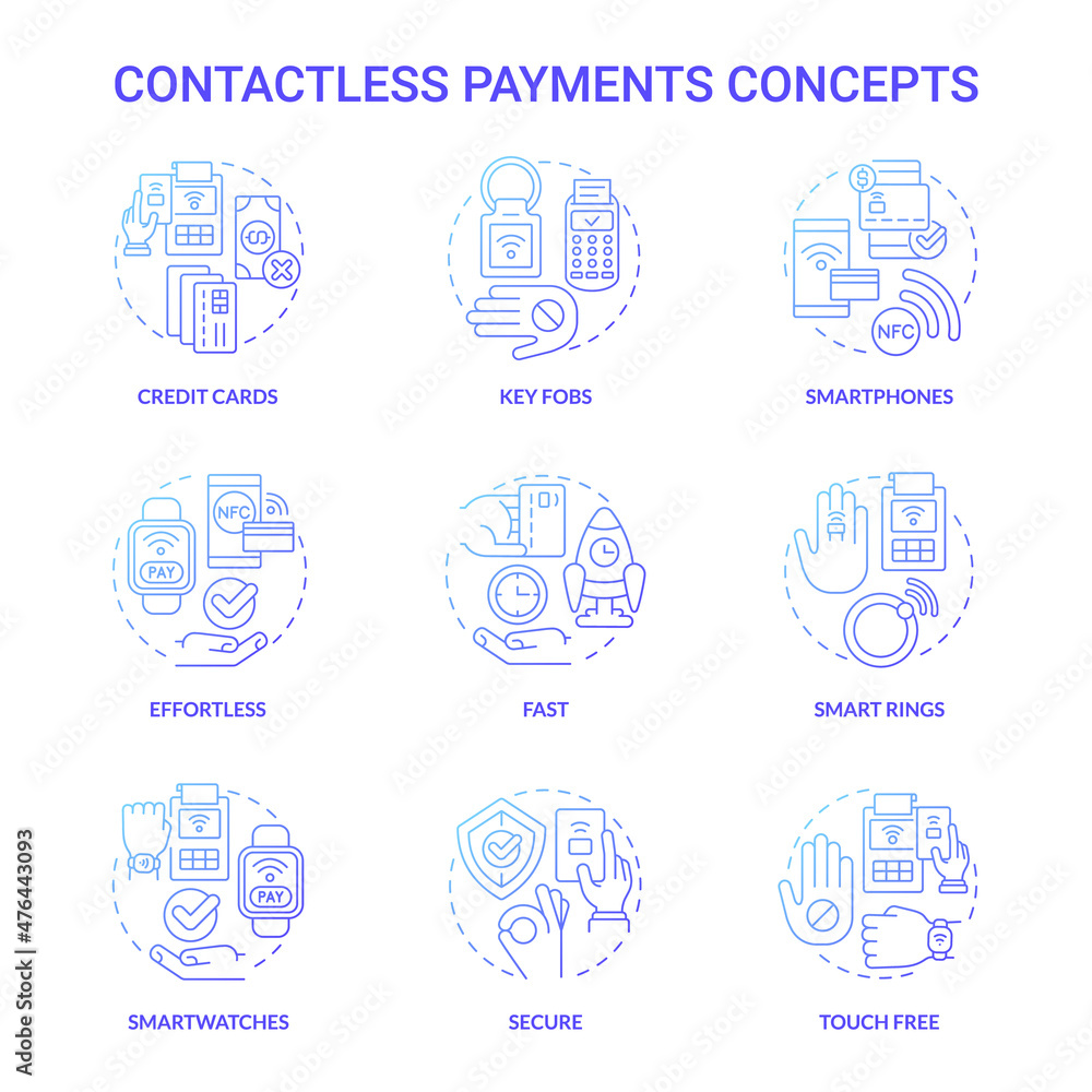 Contactless payments blue gradient concept icons set. Smart service. Touchless system idea thin line color illustrations. Isolated outline drawings. Roboto-Medium, Myriad Pro-Bold fonts used