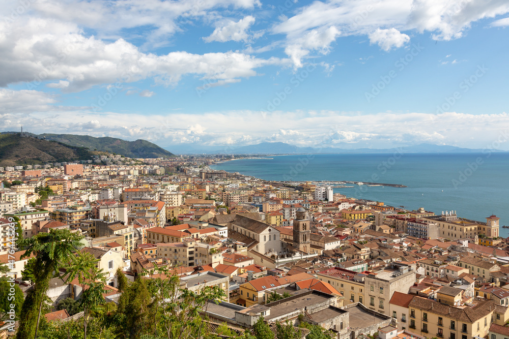 View of the Gulf of Salerno / Salerno bay and the greater city of Salerno, Campania, Southern Italy.