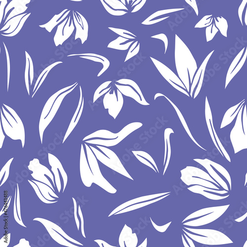 Abstract botanical elements seamless repeat pattern on very peri lilac background. Random placed, vector flowers and leaves all over surface print.