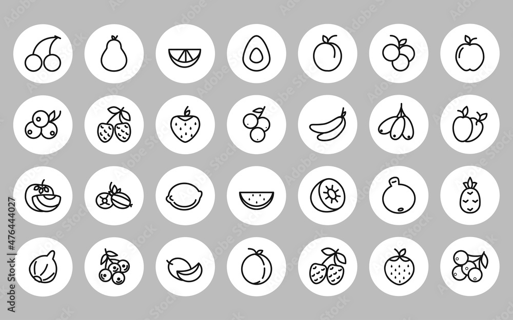Outline icons of berries and fruits. Product set. Doodle. Linear graphics. Vector Outline icons of berries and fruits. Product set. Doodle. Linear graphics. Vector