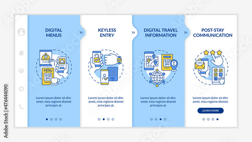 Contactless technology for hotels blue and white onboarding template. Responsive mobile website with linear concept icons. Web page walkthrough 4 step screens. Lato-Bold, Regular fonts used
