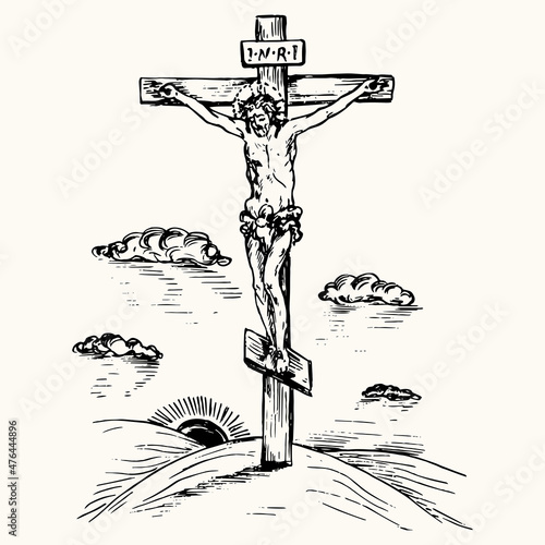 Jesus Christ crucified, Golgotha landscape with dark sun and clouds. Ink black and white doodle drawing in woodcut style with inscription.