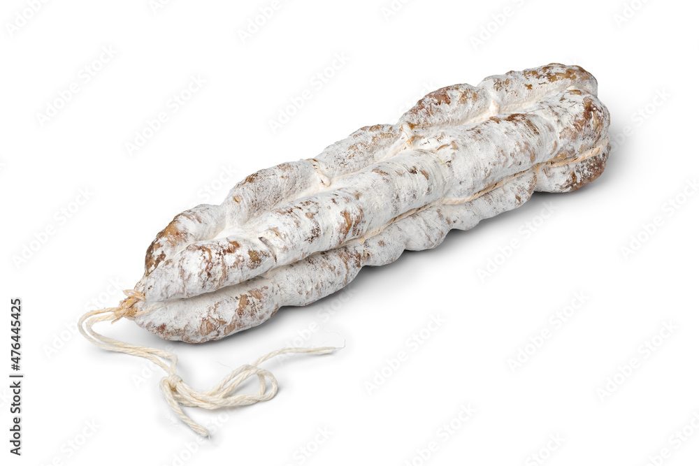 Single whole French dry sausage, Saucisson sec, isolated on white background Single whole French dry sausage, Saucisson sec, isolated on white background