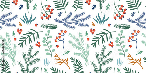 Illustration of a seamless pattern of fir branches, rowan branches, berries, botanical elements. Suitable for winter holidays and natural botanical motives.White background.