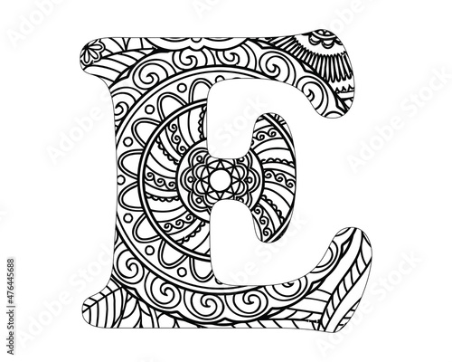 Alphabet mandala pattern, Mandala Style Letters E, Alphabet letter coloring book for adults vector illustration
