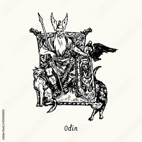 Odin sitting in throne, dogs and crow. Ink black and white doodle drawing in woodcut style with inscription.