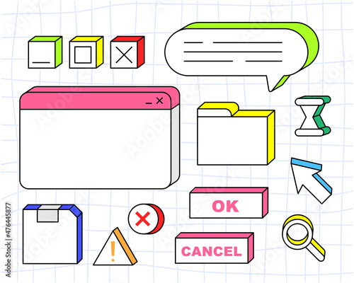 Old user interface windows, retro message box with buttons. Vaporwave and retrowave style elements.