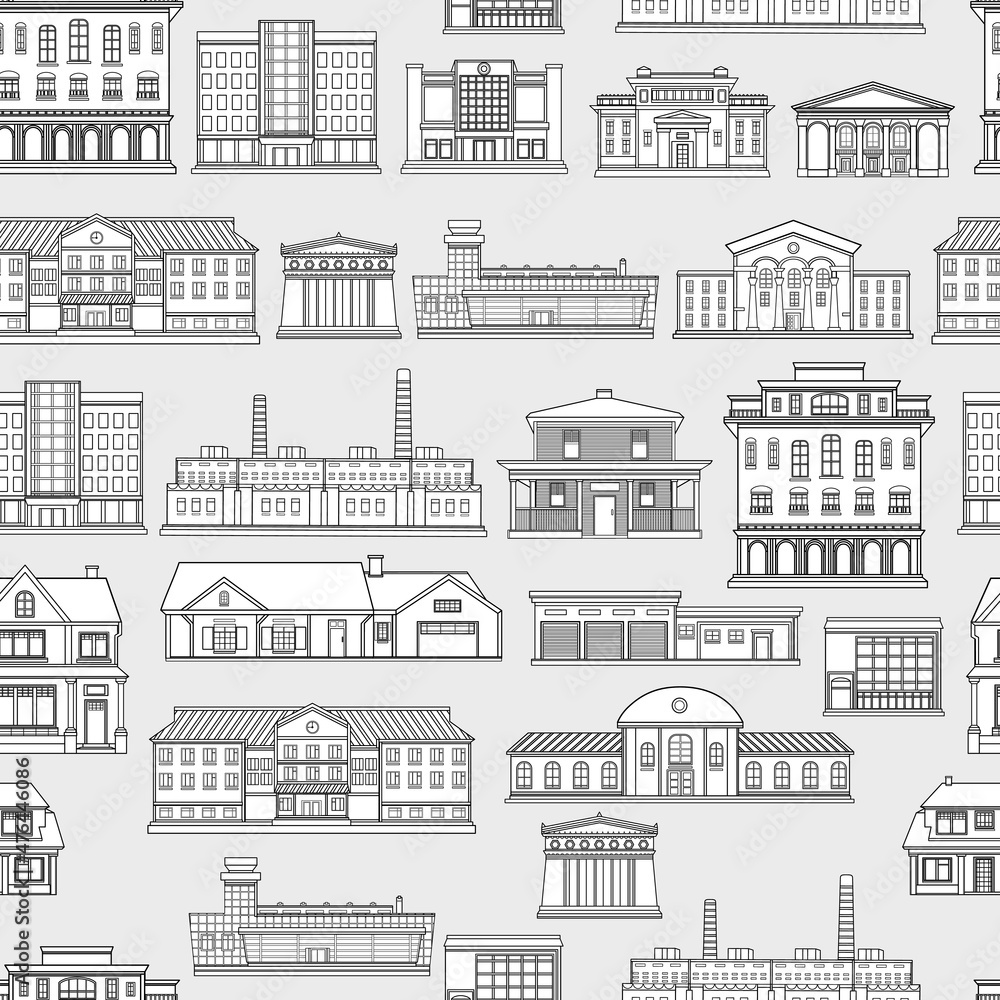 Seamless vector pattern with city buildings on a gray background.Outline style.	