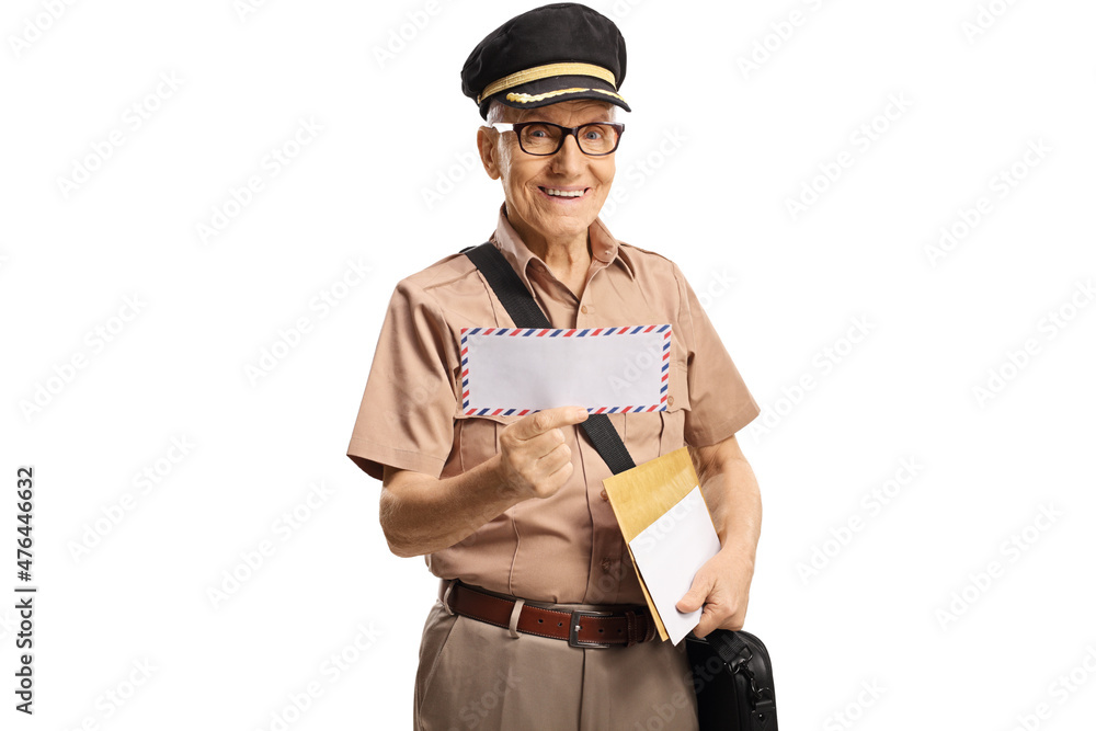 Mature postman in a uniform holding a letter and smiling Mature postman in a uniform holding a letter and smiling