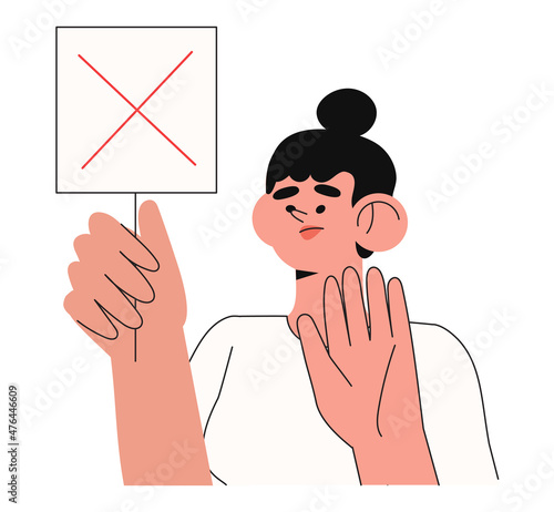 Cartoon vector illustration of Yes No banner. Human character hold placard in hand on white background. Test question. Choice hesitate, dispute, opposition, choice, dilemma, opponent view.