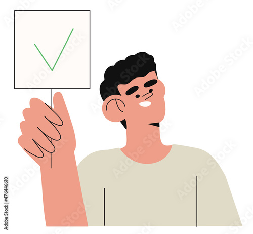 Cartoon vector illustration of Yes No banner. Human character hold placard in hand on white background. Test question. Choice hesitate, dispute, opposition, choice, dilemma, opponent view.