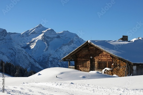 Facade of a old timber mountain hut and Mount Oldehore.
